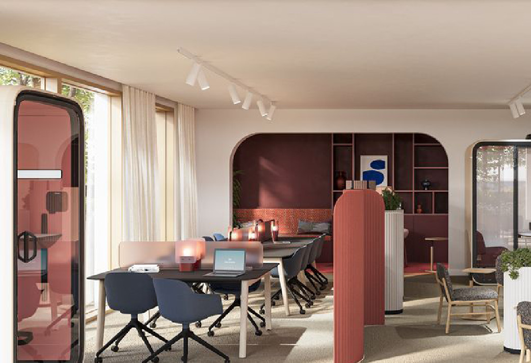 Business Lounge avec postes de travail, cabines acoustiques et coin détente